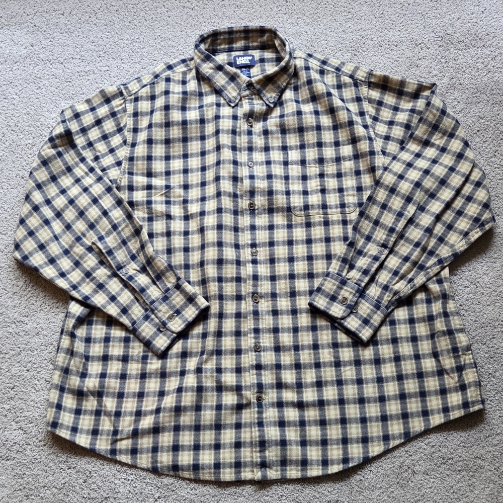 Lands' End Mens Navy & Tan Plaid Long Sleeve 100% Cotton Flannel Shirt Size 2XLT